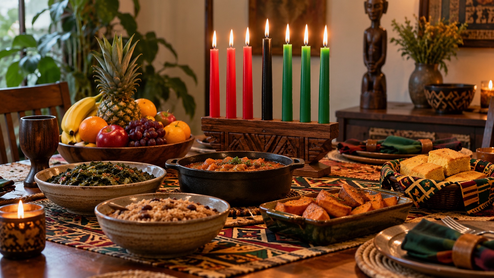 Festive Kwanzaa dinner table with serving dishes, fruit, and candles, no people