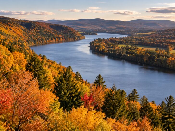 Connecticut River winding through autumn forests and low hills