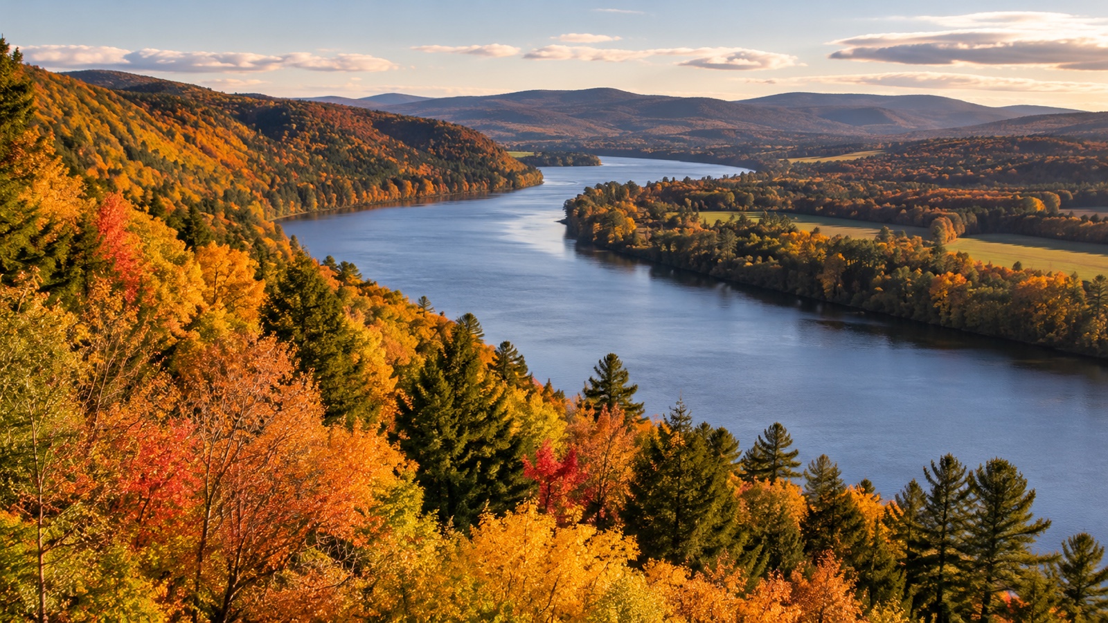 Connecticut River winding through autumn forests and low hills