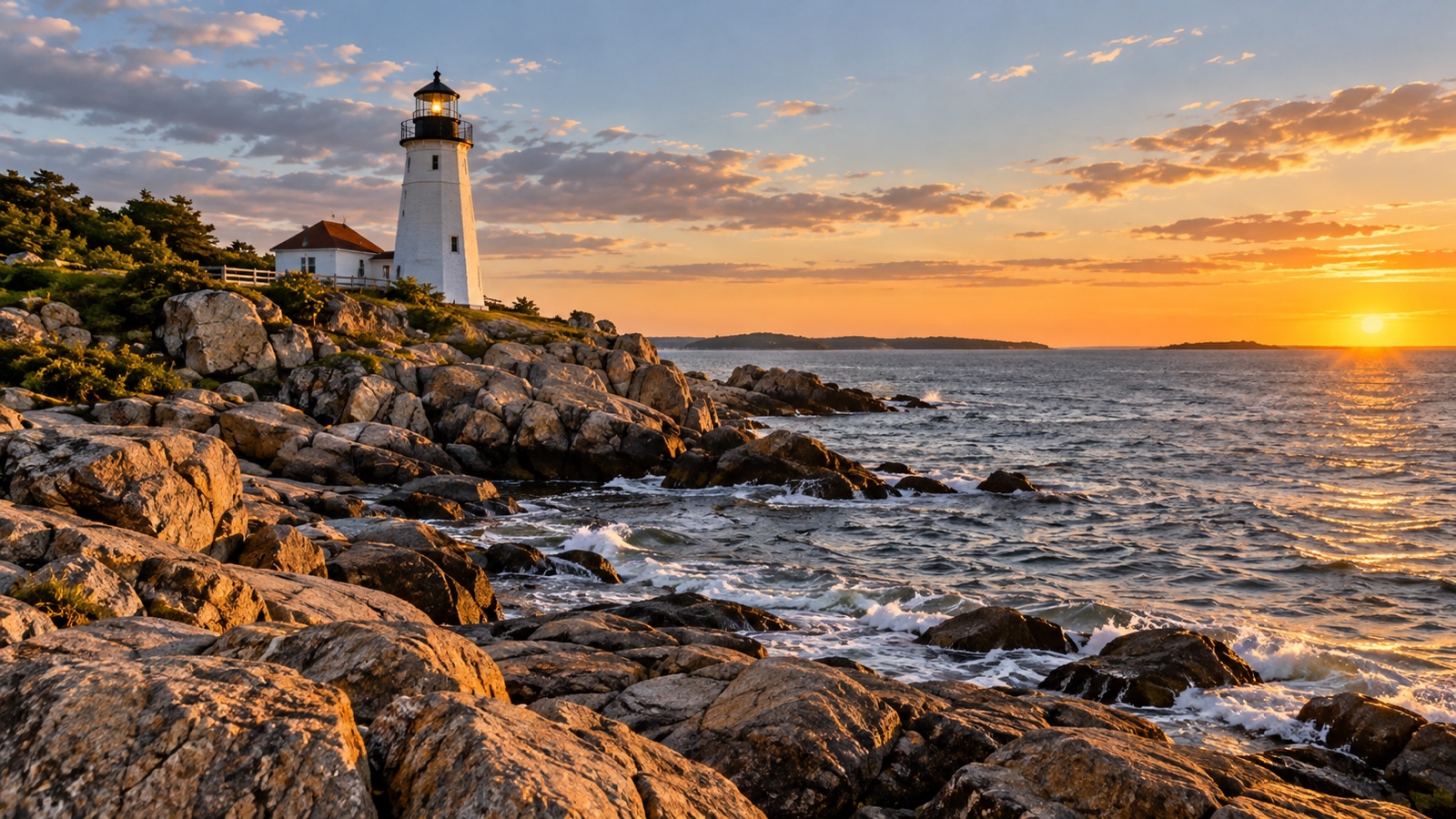 Rocky Connecticut shoreline with a white lighthouse on Long Island Sound