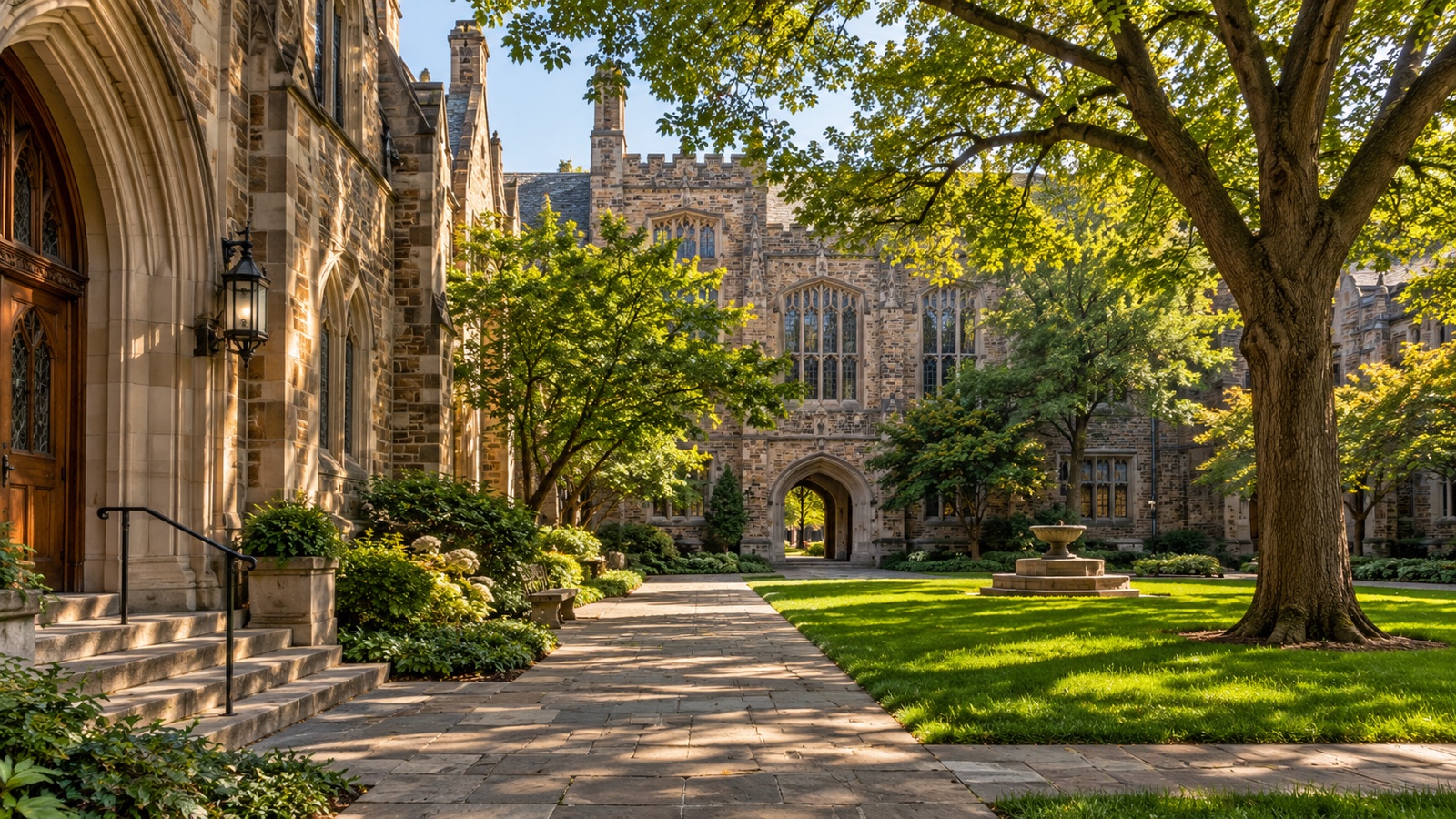 Gothic stone buildings and leafy courtyard at Yale University in New Haven
