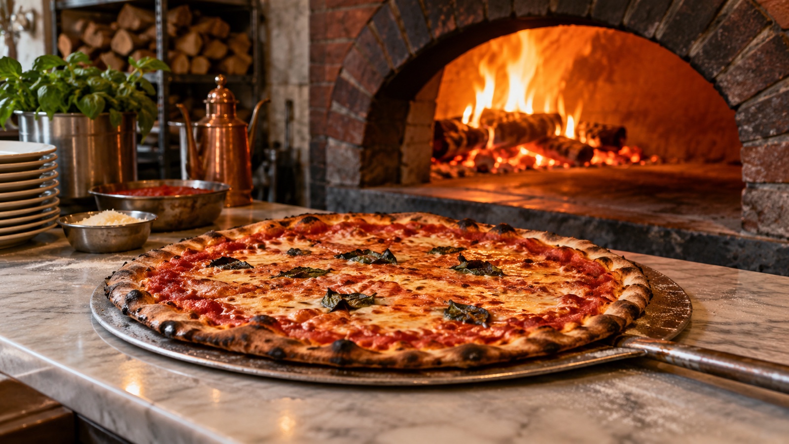 Classic New Haven style thin crust pizza in a brick oven restaurant, no people