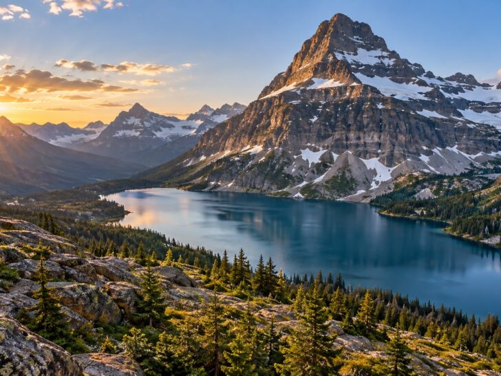 Dramatic peaks and glacial lake in Glacier National Park Montana