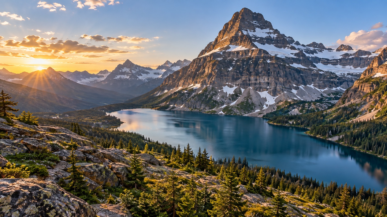 Dramatic peaks and glacial lake in Glacier National Park Montana