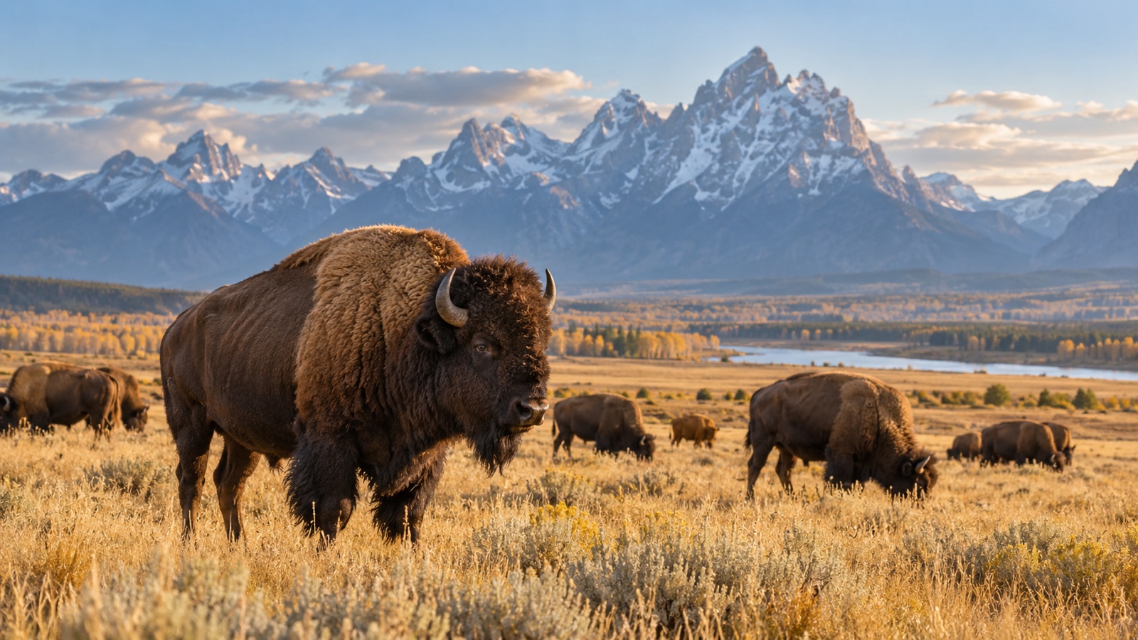 American bison on open Montana grassland with mountain backdrop