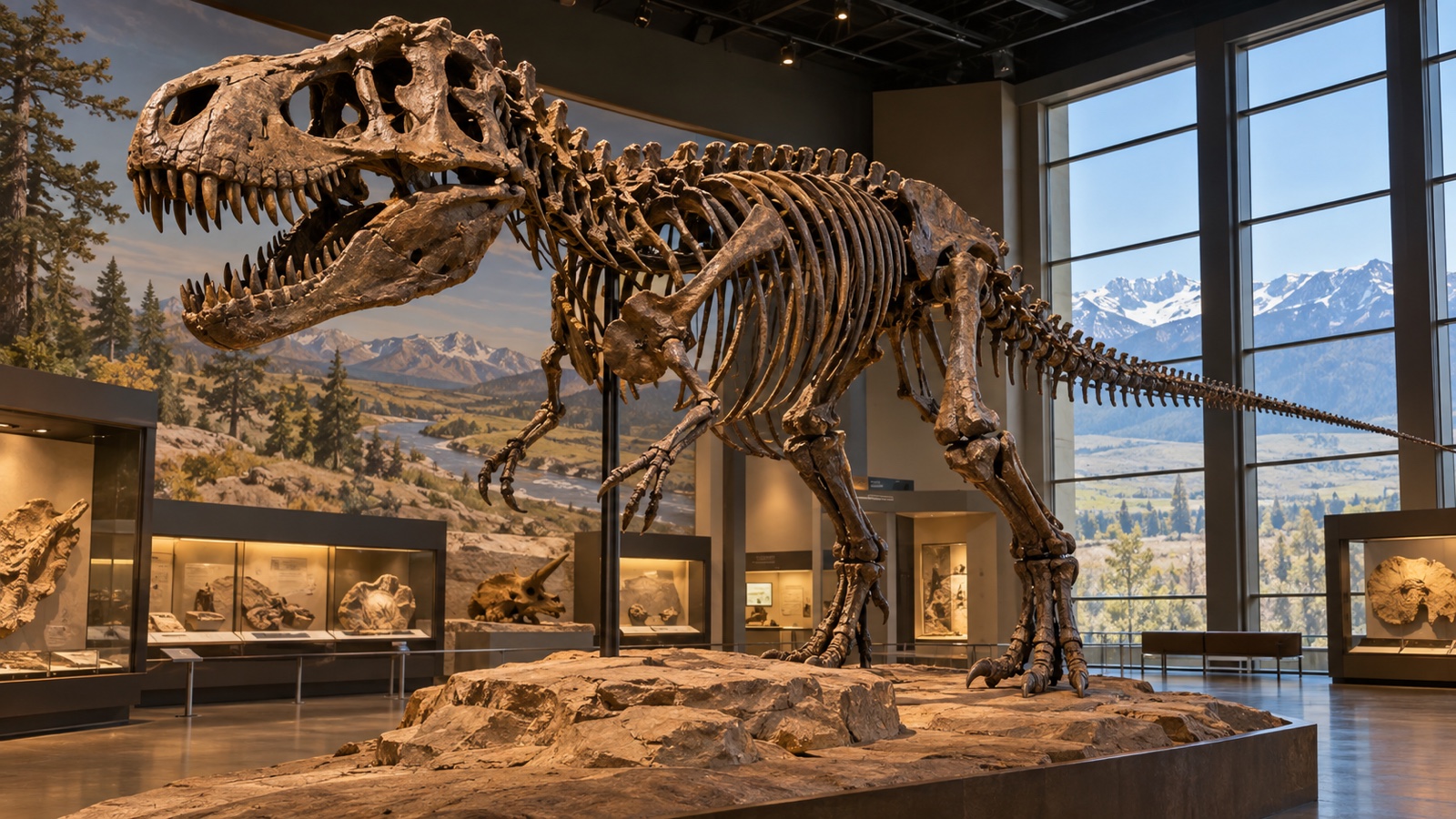 Dinosaur fossil skeleton in a Montana natural history museum, no visitors