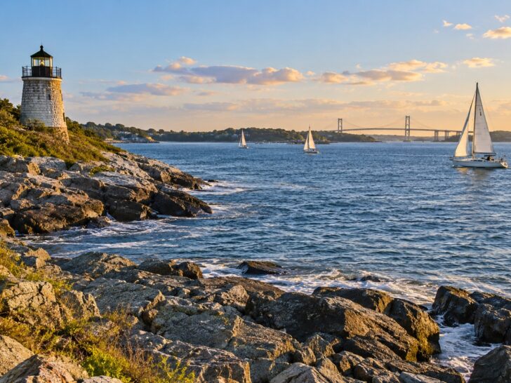 Narragansett Bay shoreline in Rhode Island with sailboats and rocky coast