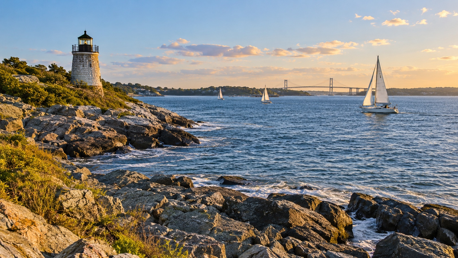 Narragansett Bay shoreline in Rhode Island with sailboats and rocky coast
