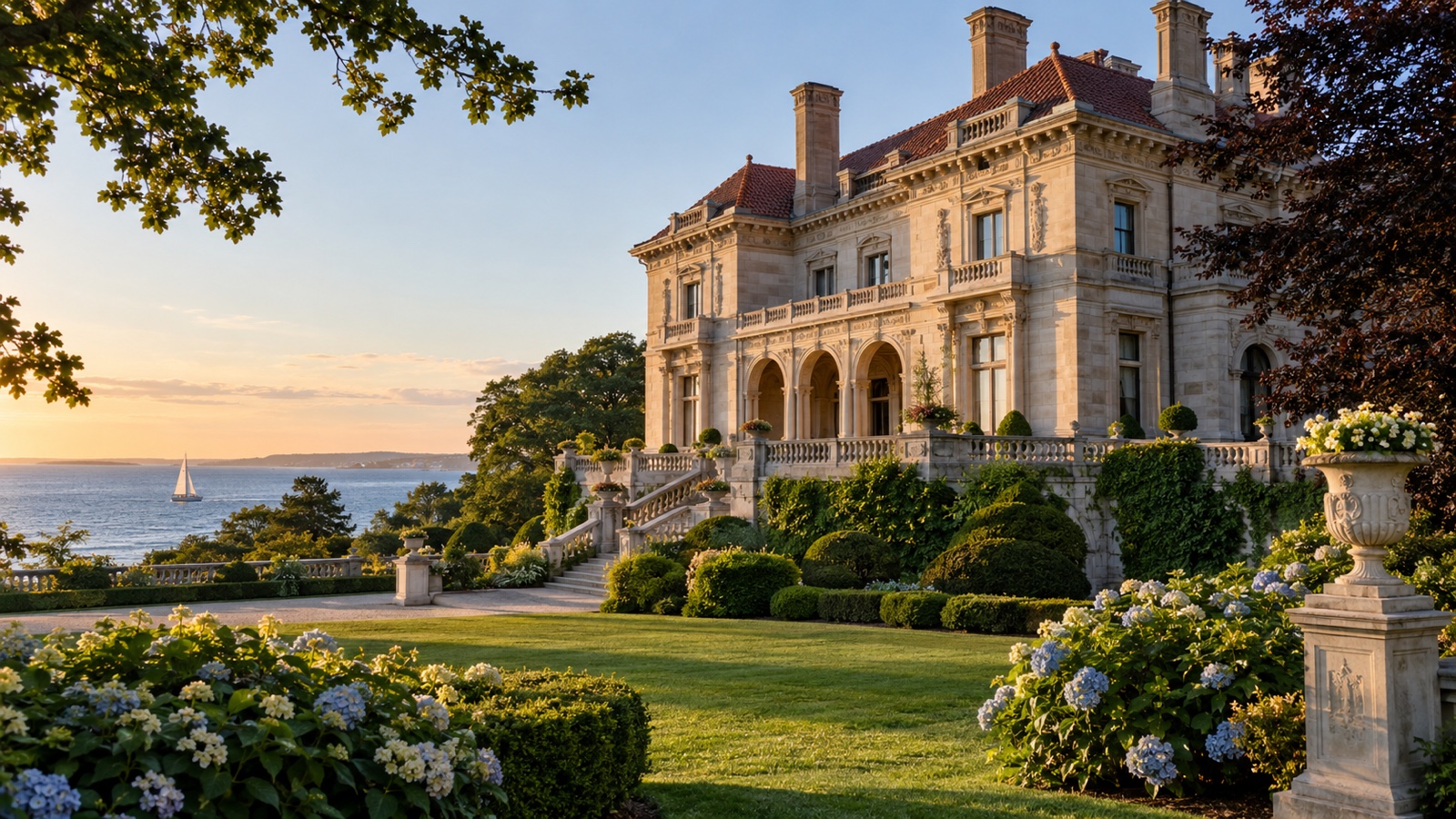 Newport Rhode Island Gilded Age mansion exterior in landscaped grounds