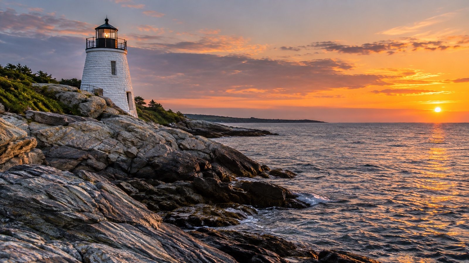 White lighthouse on a rocky Rhode Island shoreline at dusk