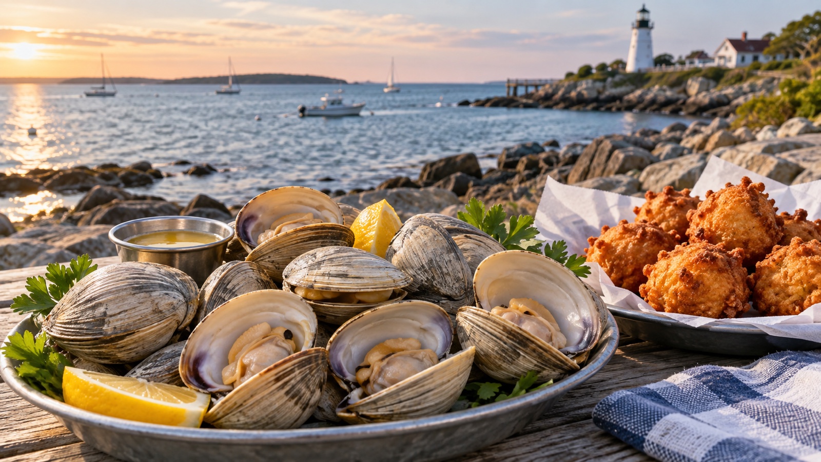 Rhode Island quahog clams and clam cakes served by the coast