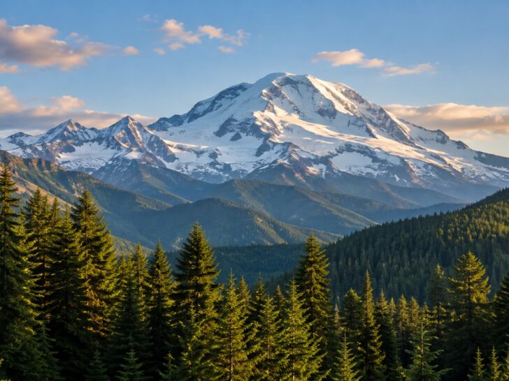 Snow capped Mount Rainier rising above evergreen forest in Washington state