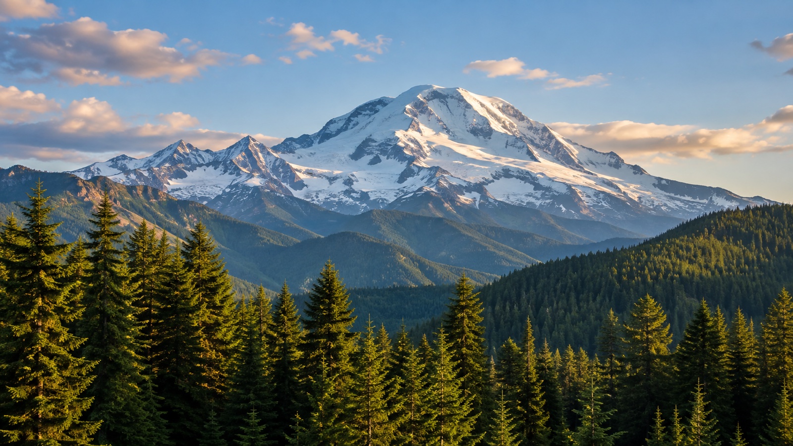 Snow capped Mount Rainier rising above evergreen forest in Washington state