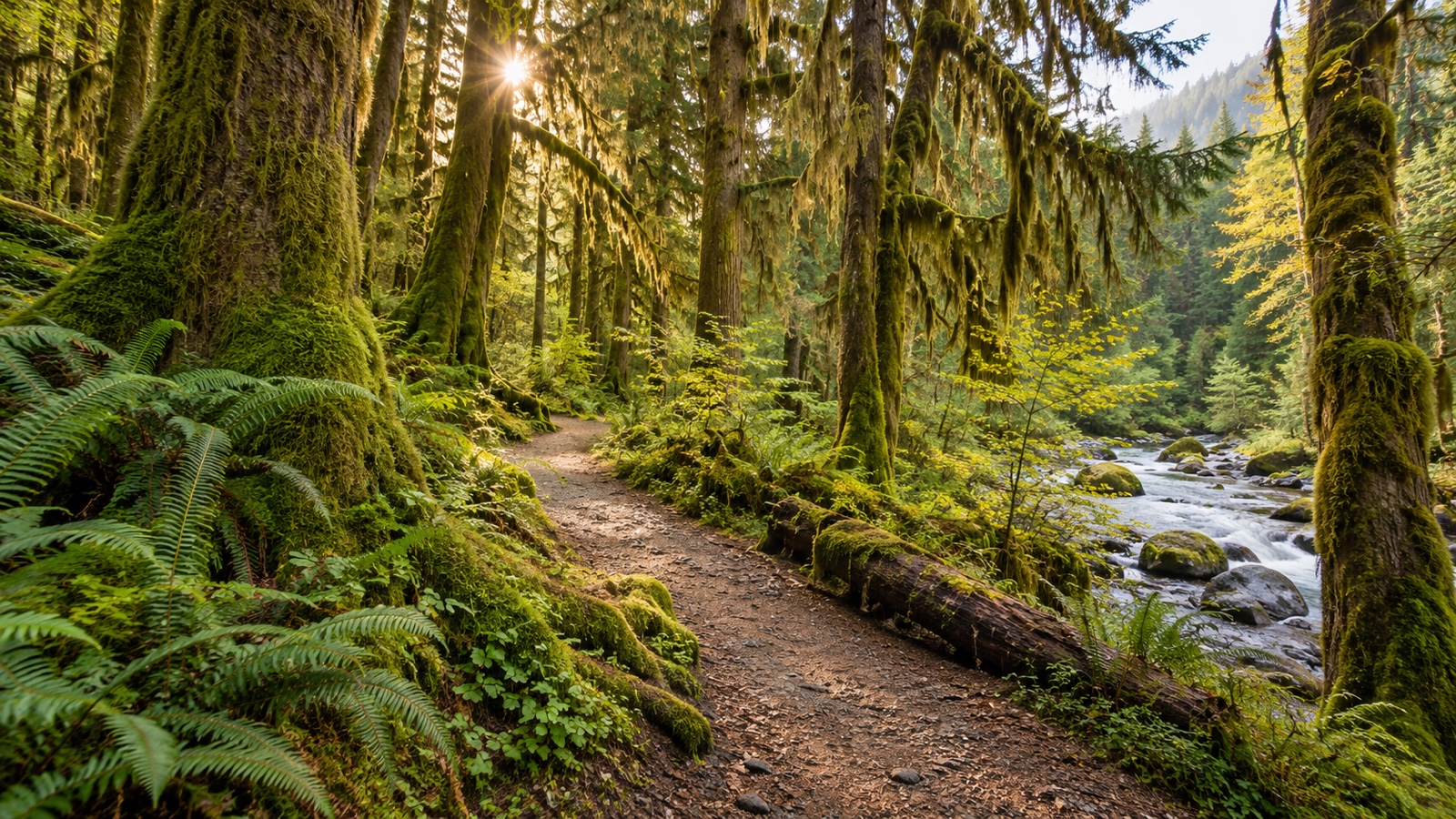 Mossy temperate rainforest trail in Olympic National Park
