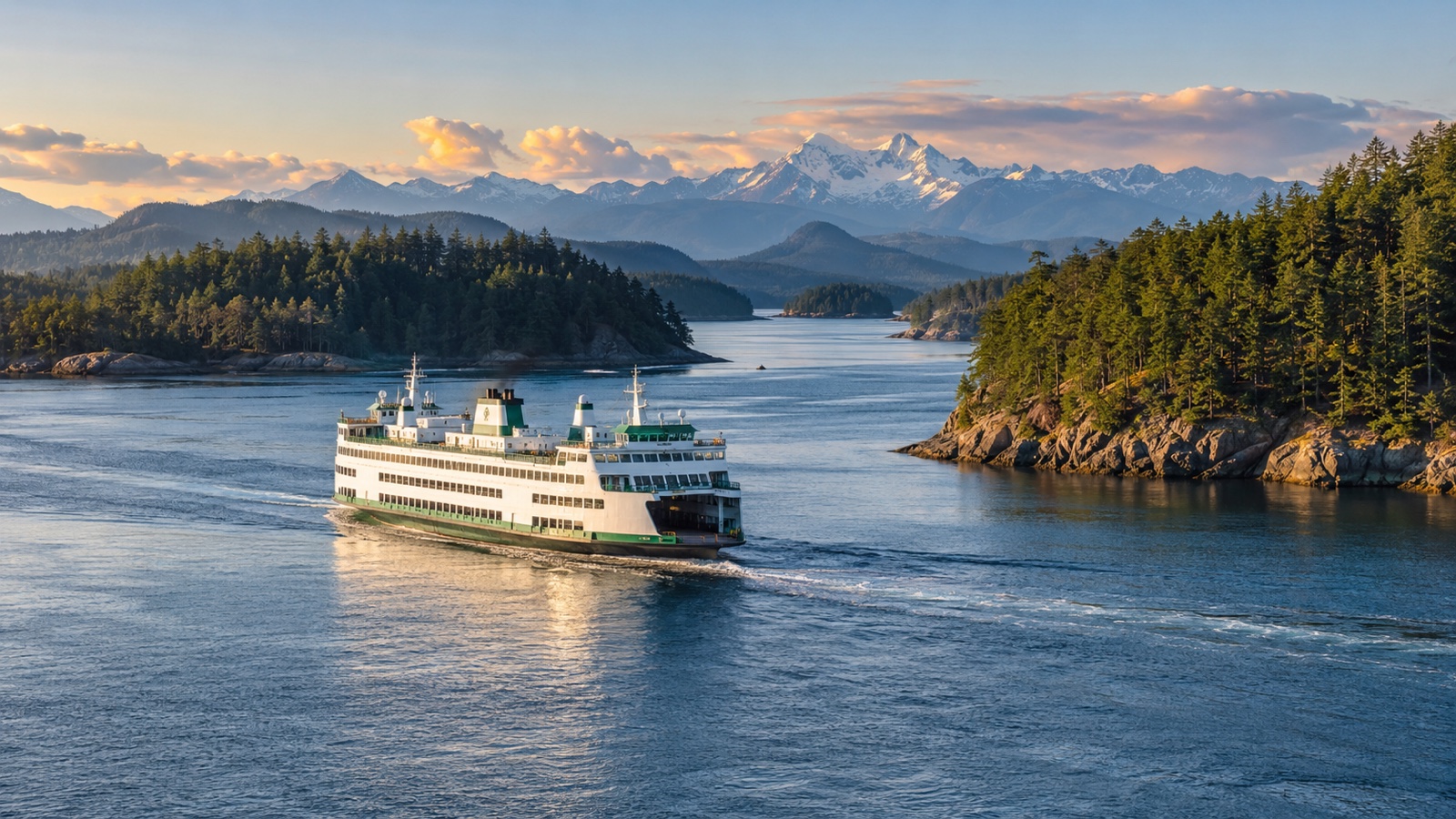 Ferry crossing Puget Sound with forested islands and distant mountains