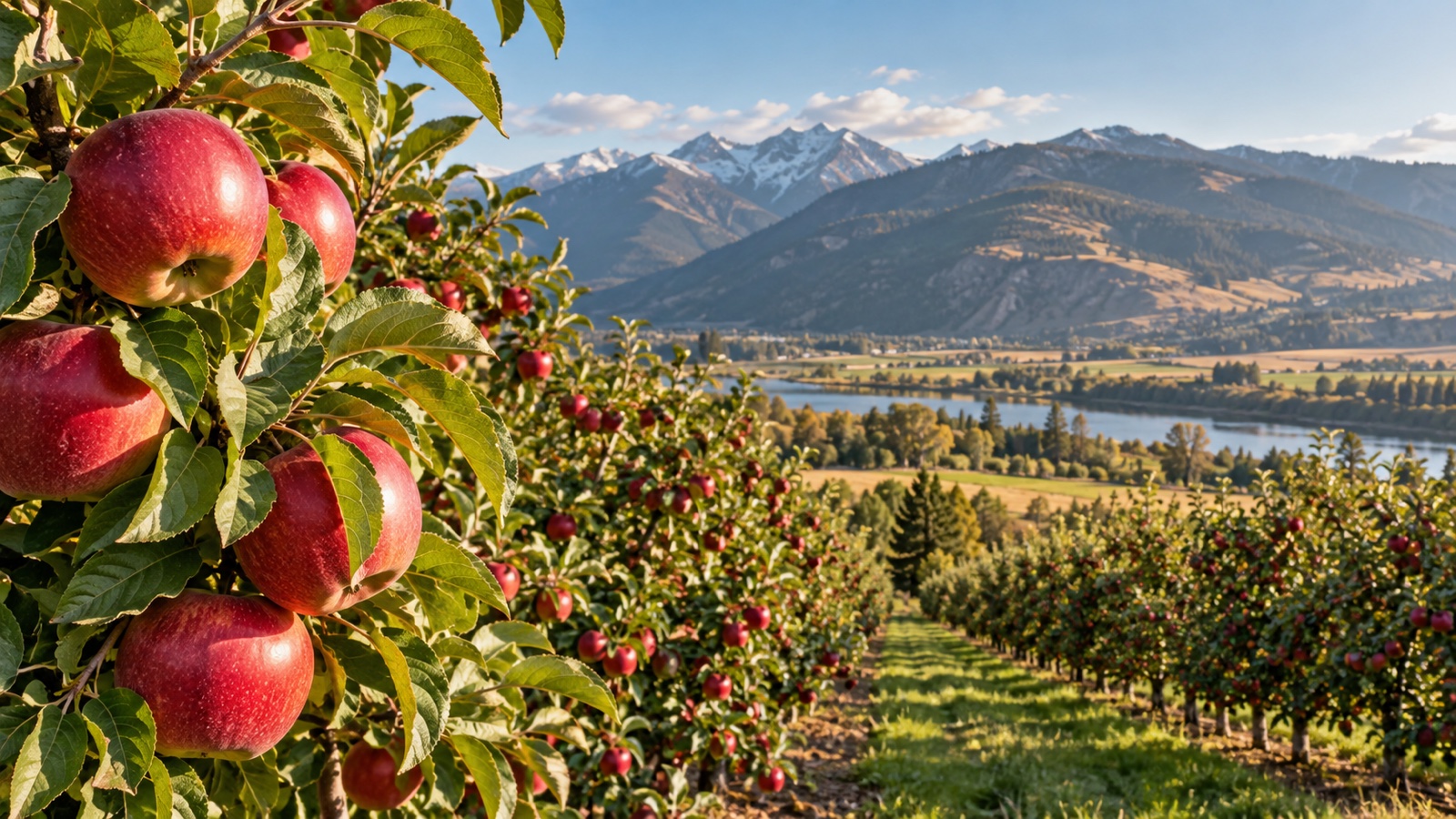 Washington apple orchard with ripe red apples and Cascade foothills