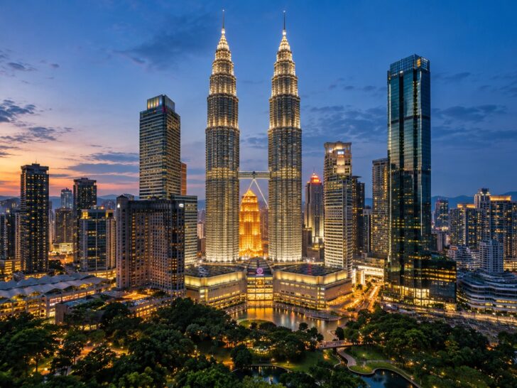 Petronas Twin Towers above Kuala Lumpur skyline at blue hour