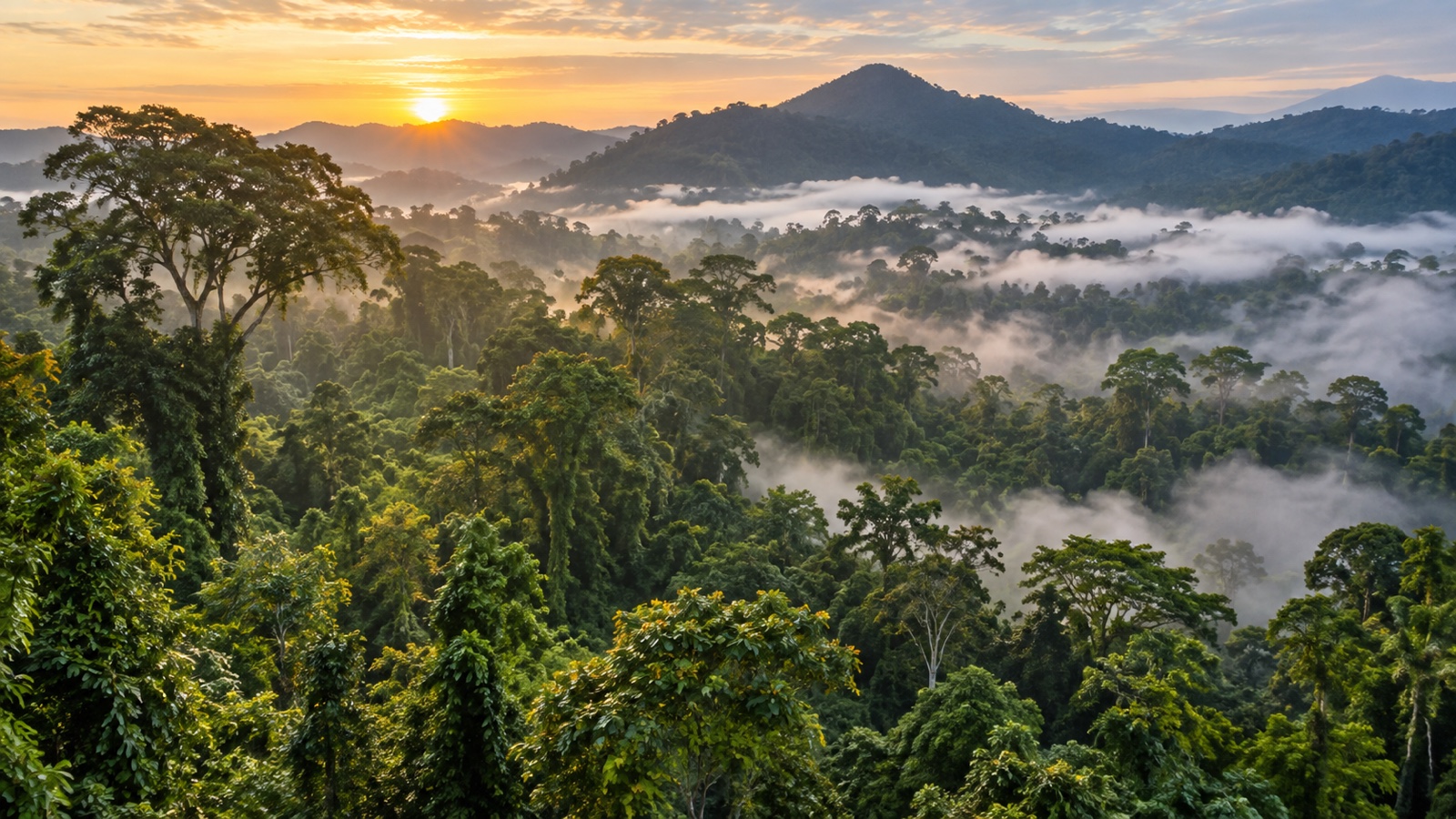 Dense Borneo rainforest canopy with mist in Malaysian national park