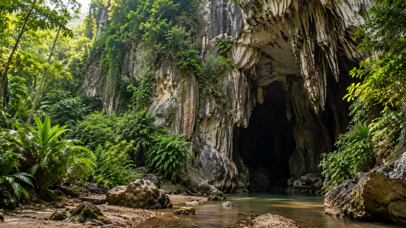 Malaysian limestone cave entrance with lush tropical vegetation