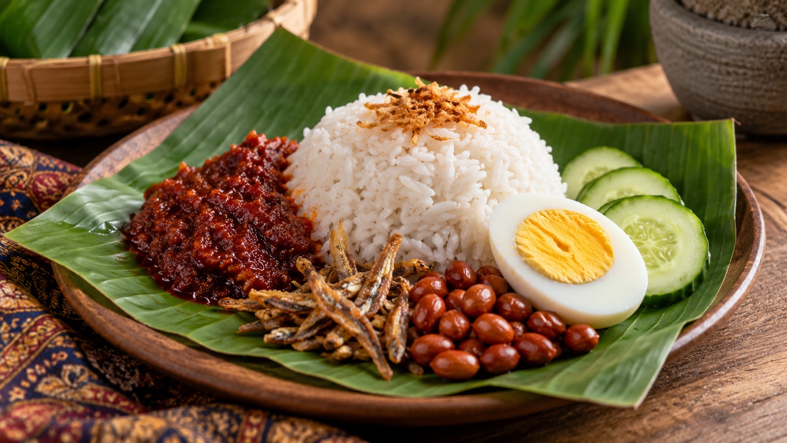 Malaysian nasi lemak with coconut rice, sambal, peanuts, cucumber and egg on banana leaf