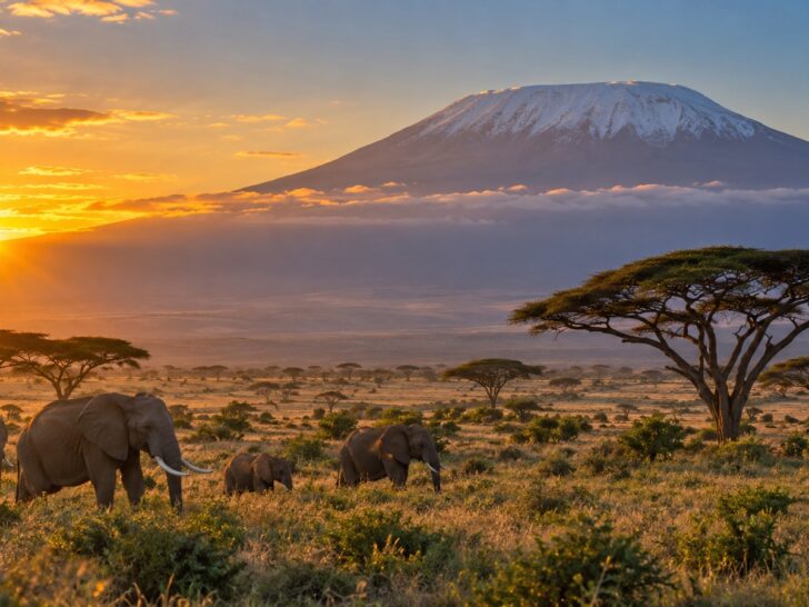 Mount Kilimanjaro above Tanzanian savanna at sunrise