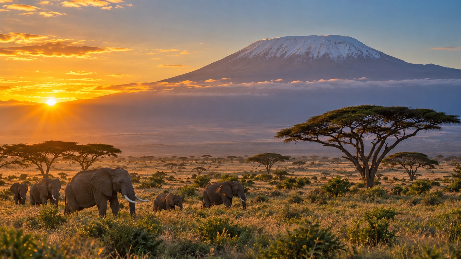 Mount Kilimanjaro above Tanzanian savanna at sunrise