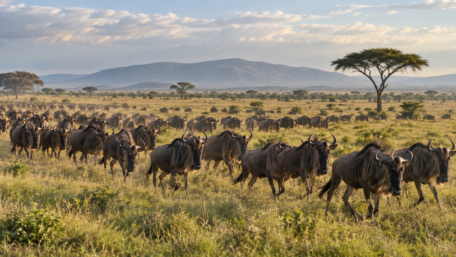 Wildebeest herd crossing open Serengeti grassland in Tanzania