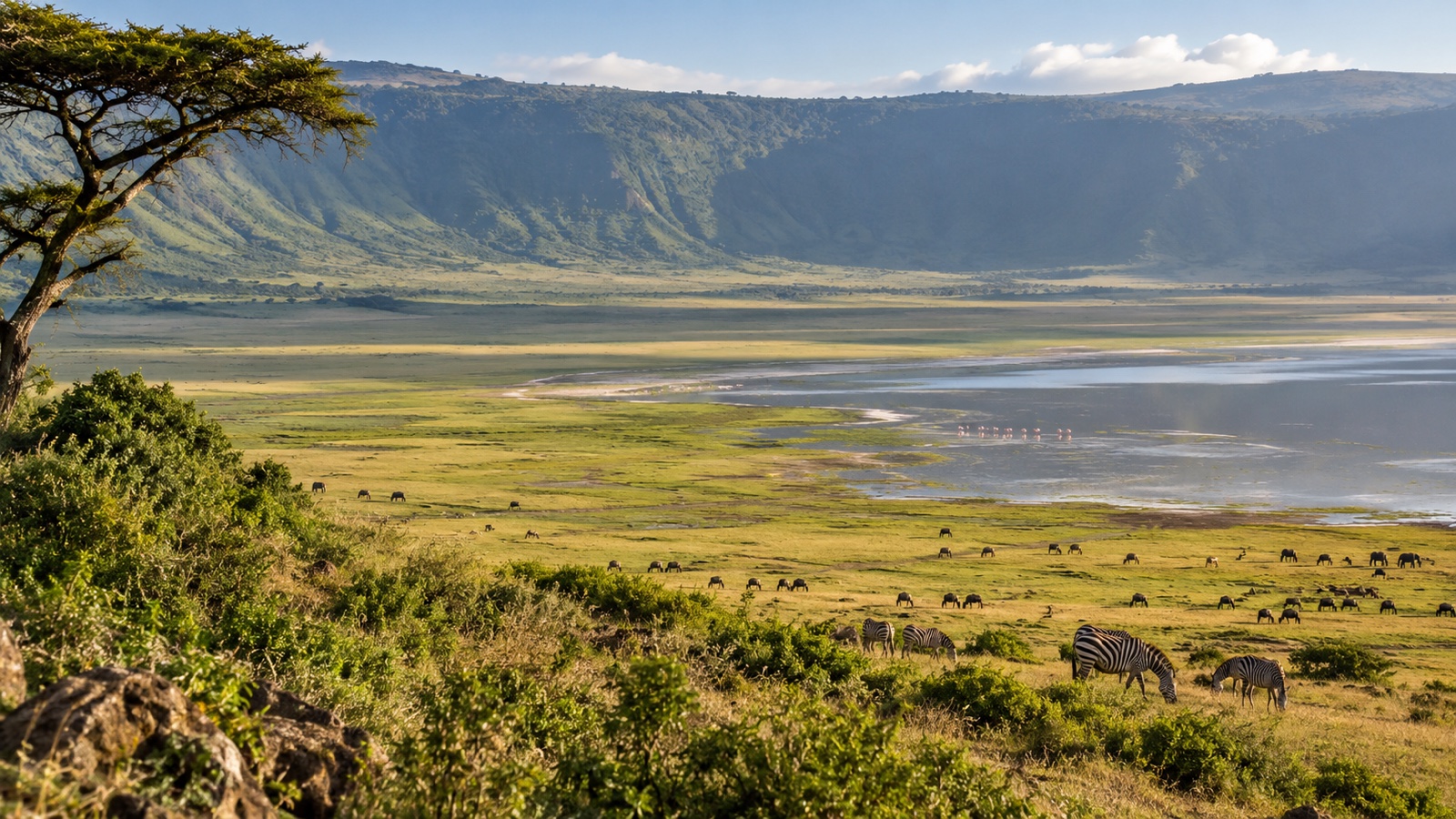 View into Ngorongoro Crater with wildlife on the crater floor