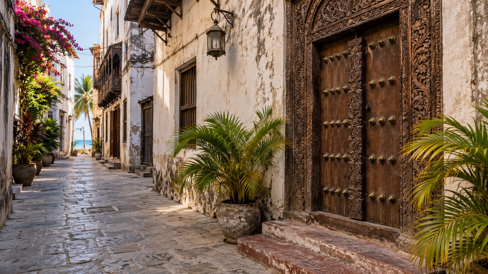 Stone Town Zanzibar carved wooden doorway and narrow historic lane, no people