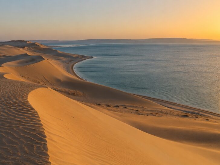 Golden Qatar desert dunes meeting the calm Inland Sea