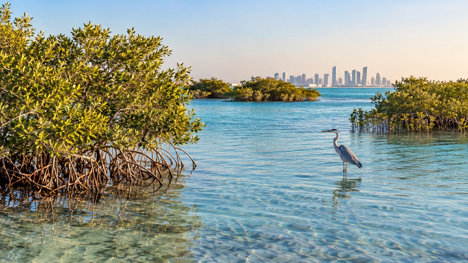 Qatar mangroves in shallow blue coastal water