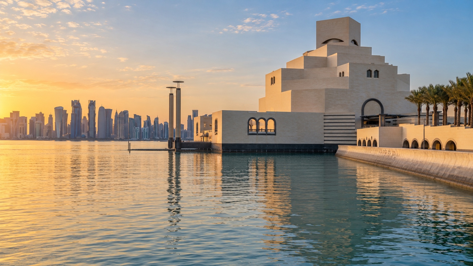 Museum of Islamic Art exterior on Doha waterfront with skyline in distance