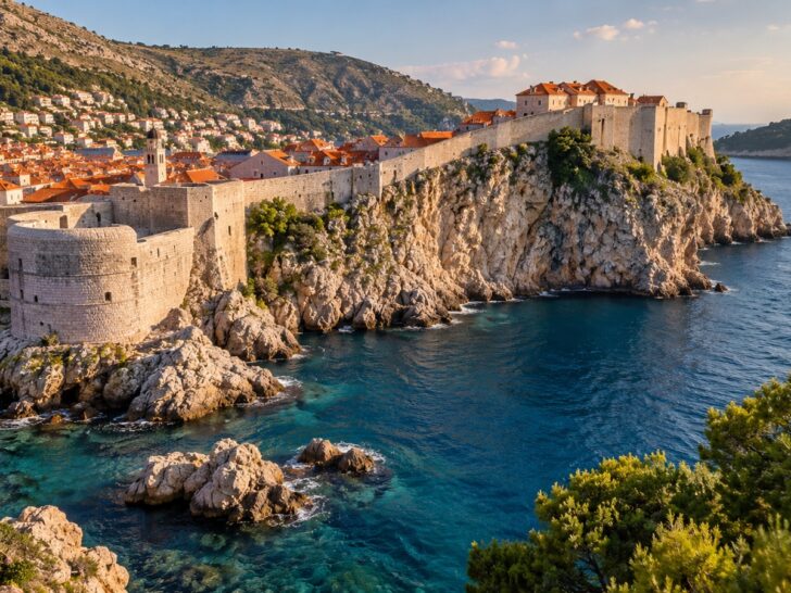 Dubrovnik historic city walls beside the Adriatic Sea in Croatia