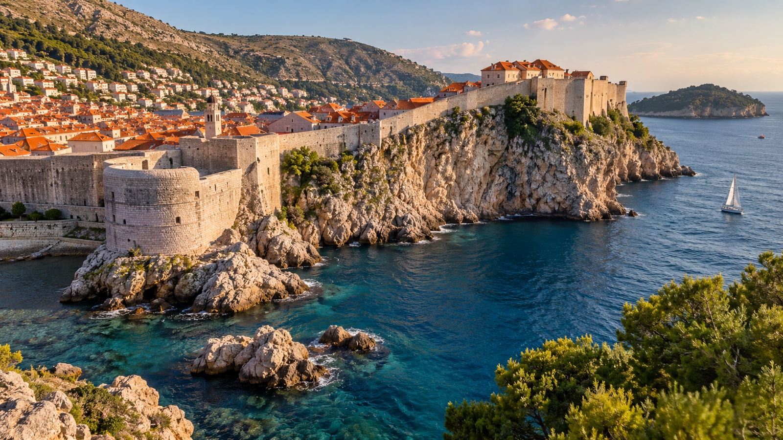 Dubrovnik historic city walls beside the Adriatic Sea in Croatia