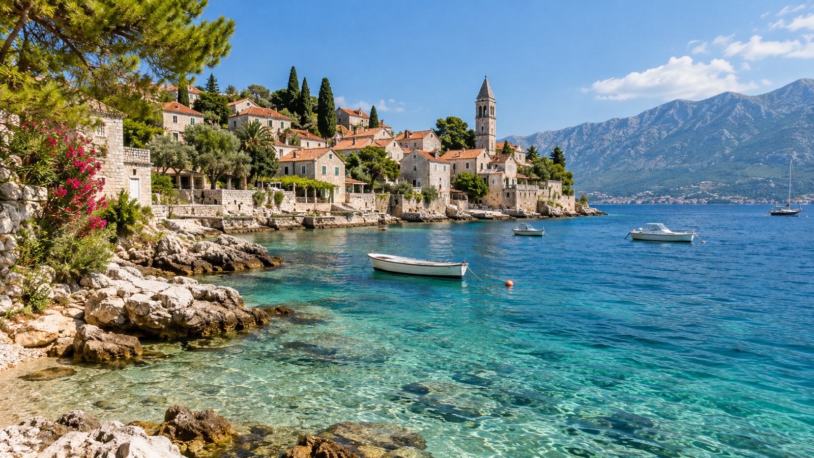 Croatian Adriatic island coast with white stone village and turquoise water