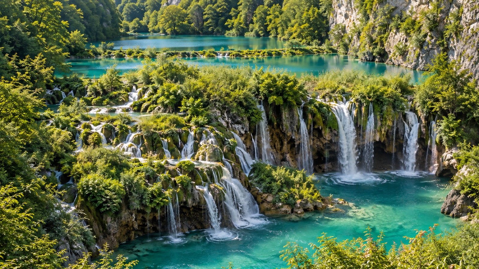 Tiered turquoise lakes and waterfalls at Plitvice Lakes National Park