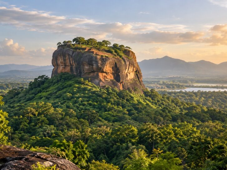 Sigiriya rock fortress rising above green forest in Sri Lanka