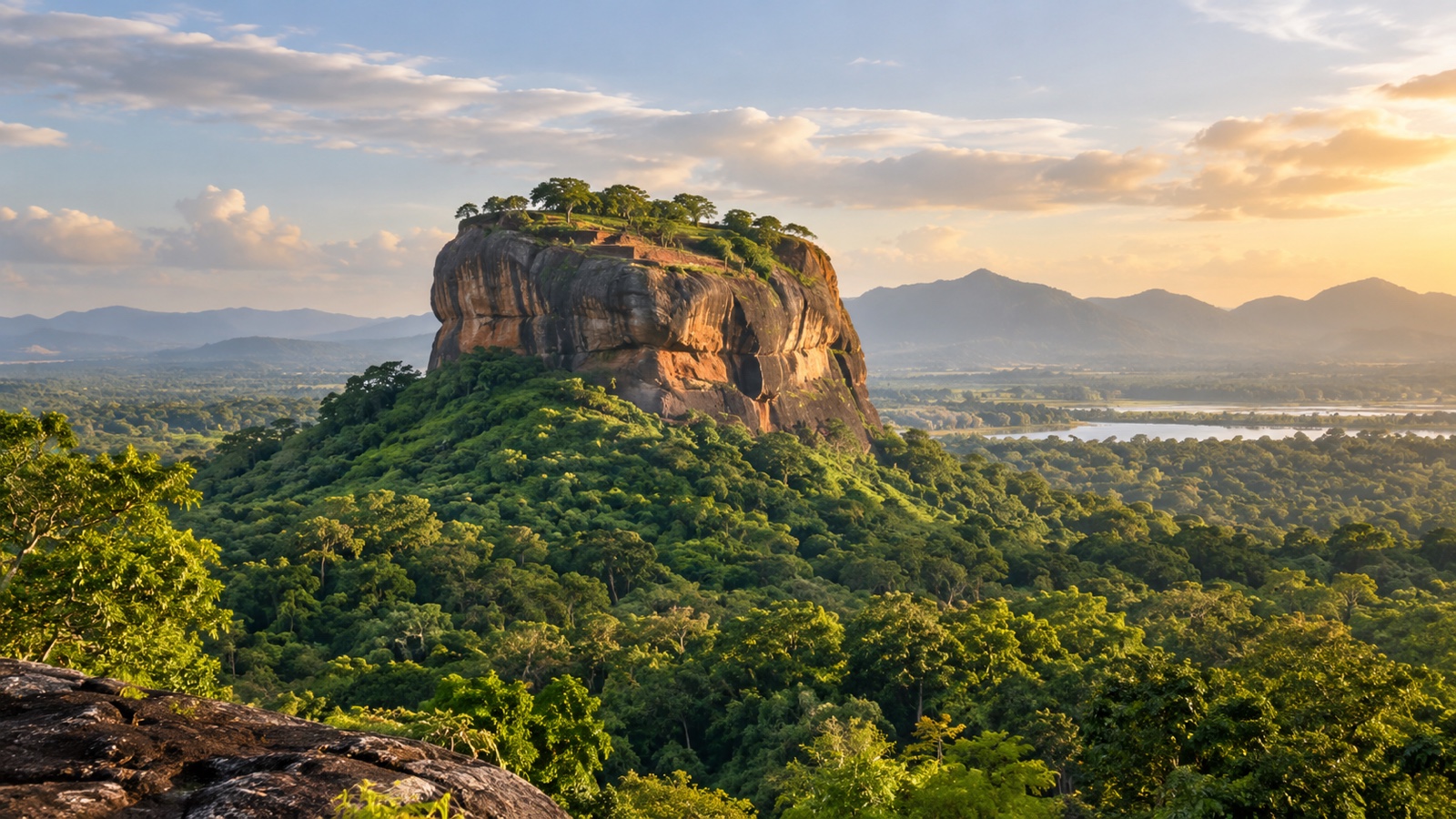 Sigiriya rock fortress rising above green forest in Sri Lanka