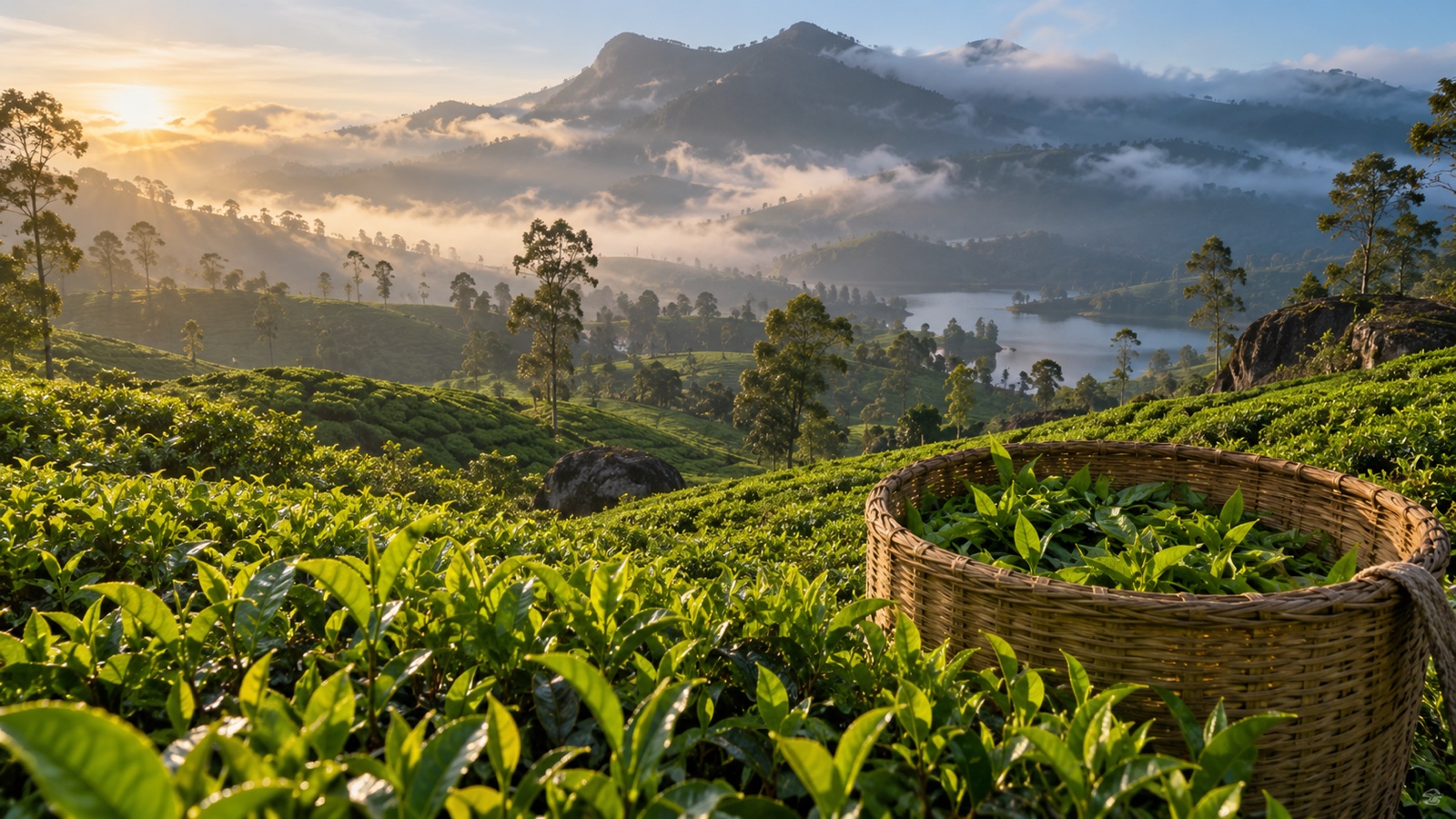 Sri Lankan tea plantation in misty central highlands