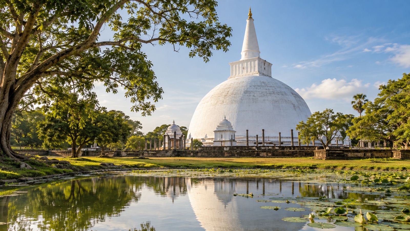 Ancient white Buddhist stupa in Anuradhapura Sri Lanka, no people