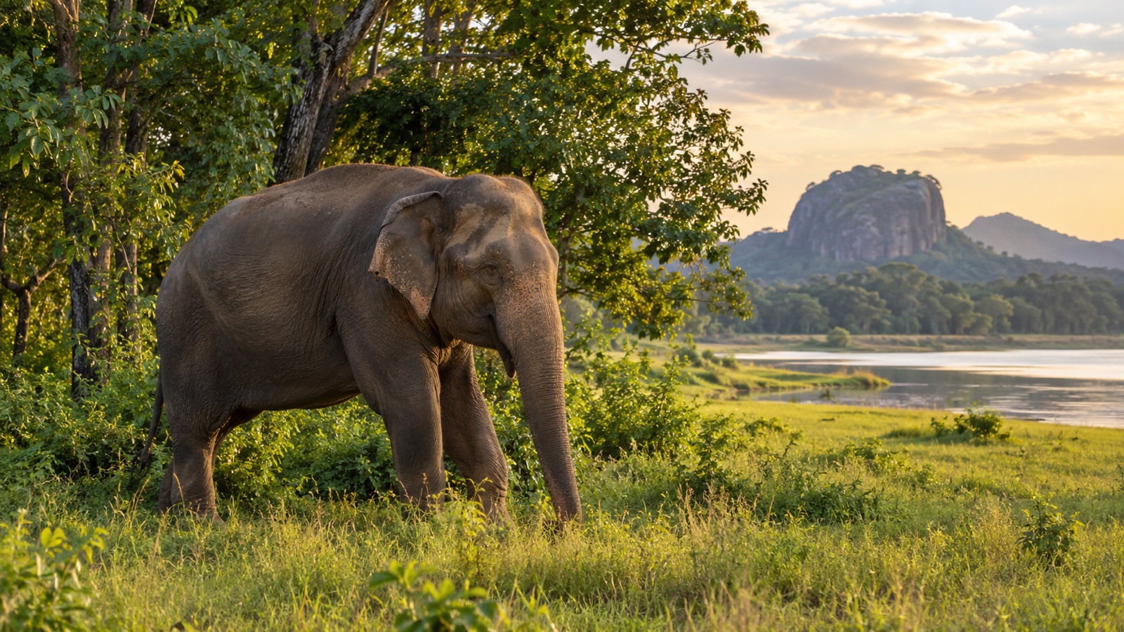 Wild Sri Lankan elephant beside forest and grassland