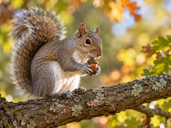 Eastern gray squirrel holding an acorn on a tree branch