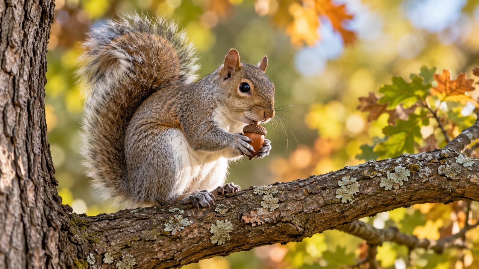 Eastern gray squirrel holding an acorn on a tree branch