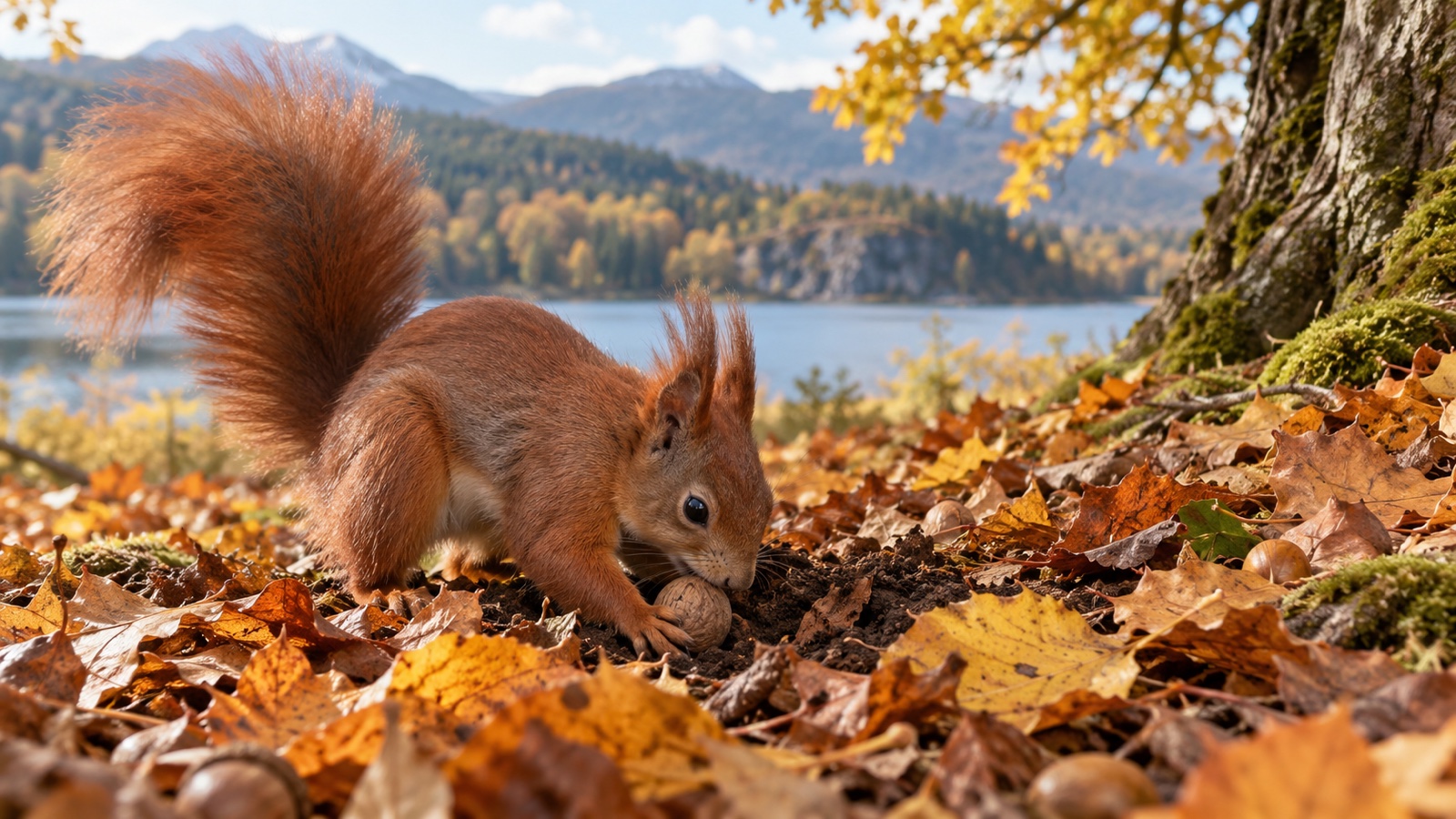 Red squirrel caching a nut in autumn leaves