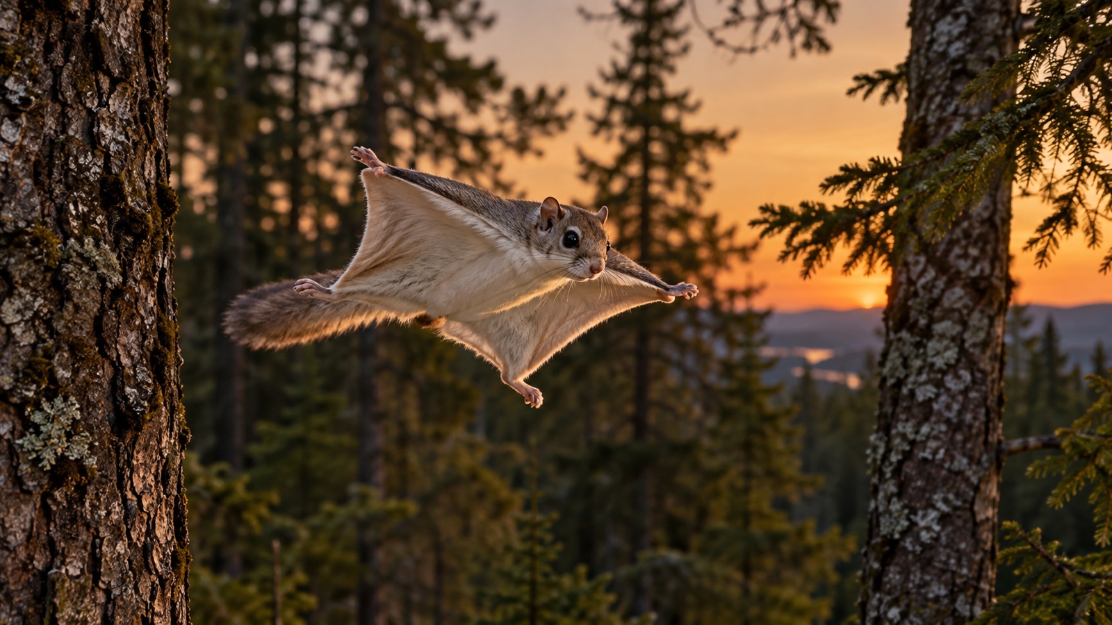 Flying squirrel gliding between forest trees at dusk