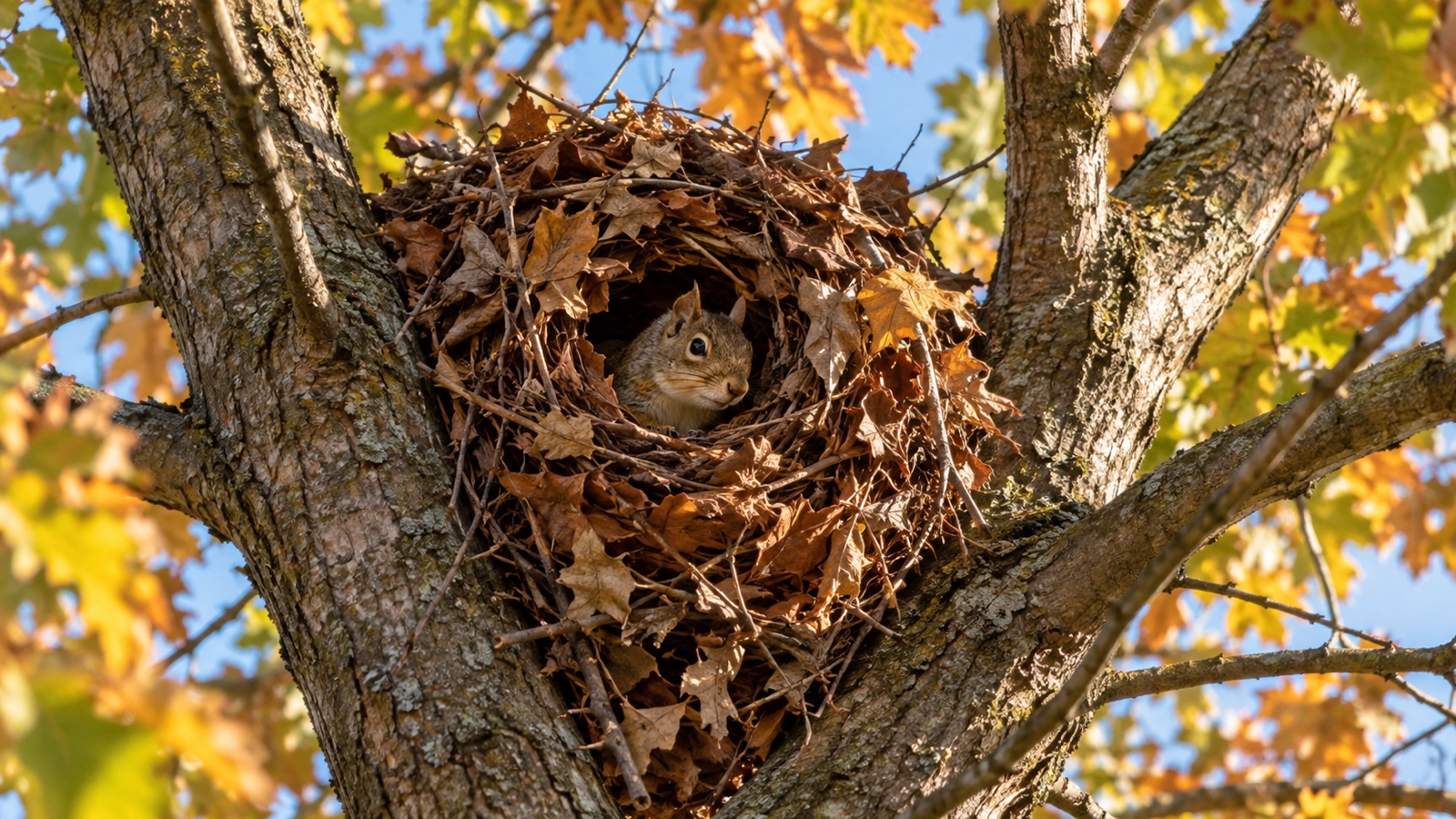 Squirrel nest of leaves high in a forked tree branch