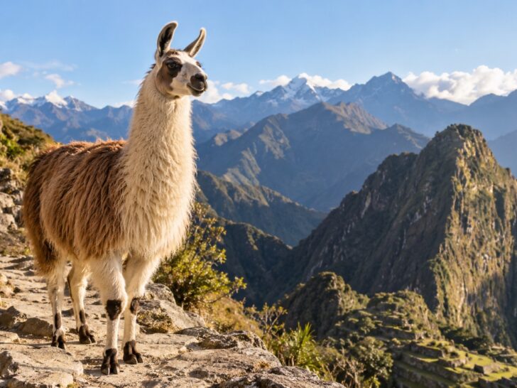 Llama standing on an Andean mountain trail with distant peaks