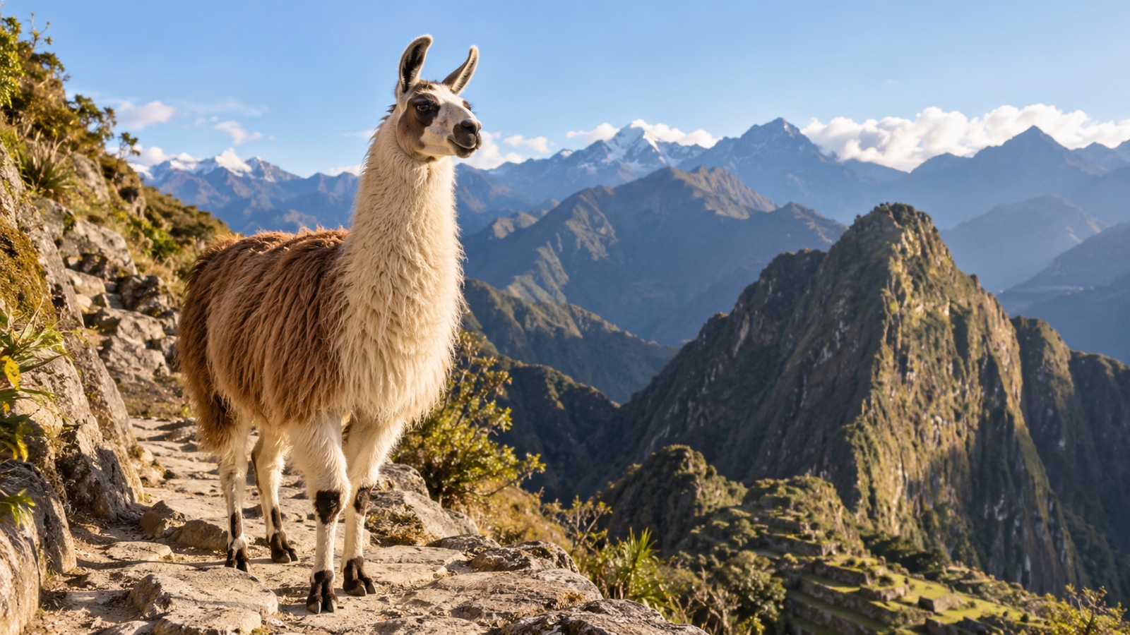 Llama standing on an Andean mountain trail with distant peaks