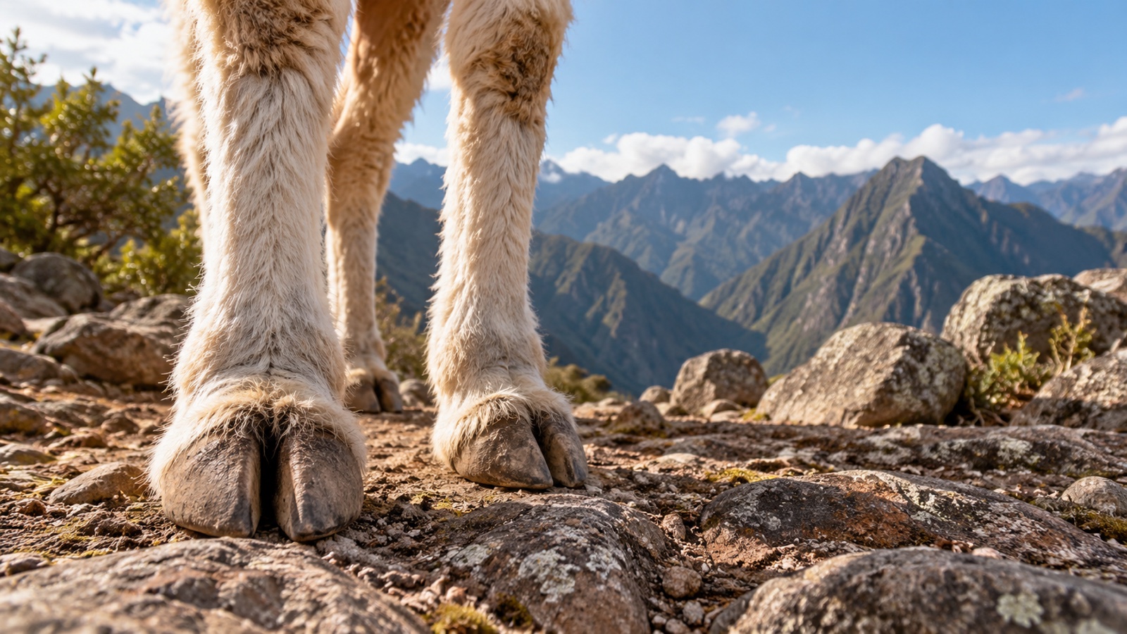 Close view of llama's padded split toes on rocky mountain ground