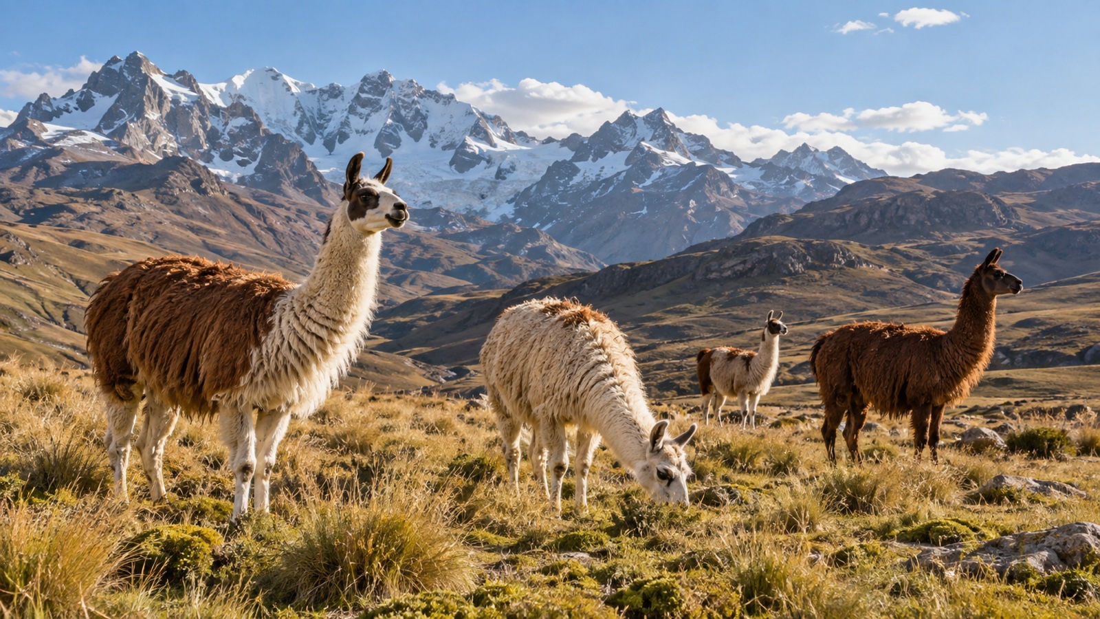 Small herd of llamas grazing in high Andes grassland